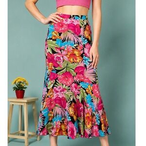 Conrad C Petite Tropical Floral Mermaid Maxi Skirt Black Pink Hibiscus Resort